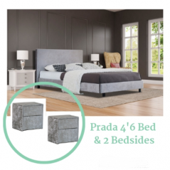 DC Prada 4'6 Bed in a Box with 2 matching Bedside Cabinets Silver