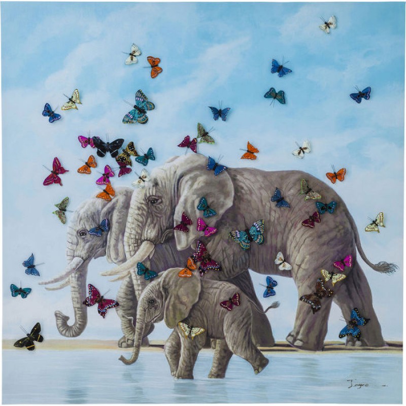 Picture Touched Elefants with Butterflys 120x120cm